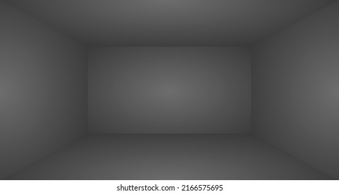 Vector illustration of empty black studio background. Luxury dark abstract background for product display. Volumetric empty studio room with spotlight effect backdrop. Inner box space.