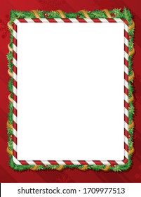 A Vector Illustration Of An Empty Blank Christmas Holiday Background Frame With Candy Cane Stripes And Garland And Ribbon On A Wrapping Paper Pattern