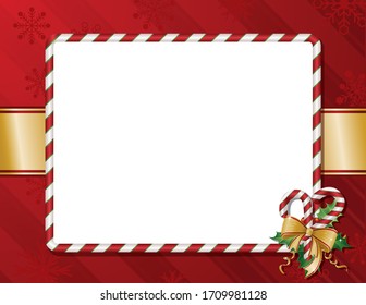 A vector illustration of an empty blank Christmas holiday background frame with candy cane stripes with a gold ribbon, candy canes, holly and red wrapping paper