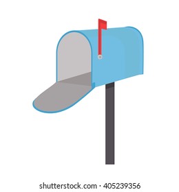 Vector Illustration Empty Blue Mailbox. Mail Box Icon With Red Flag Flat Design