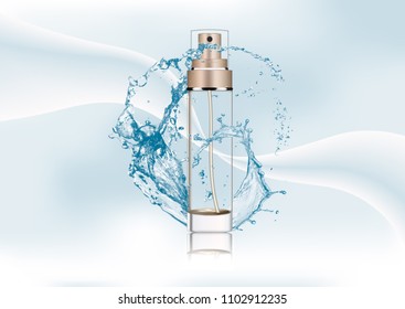 Vector illustration, empty bronze gold package for cosmetic products with pump, tube for lotion, tonic, cream. Realistic mockup of glass container with batcher. Abstract stylish gradient background.