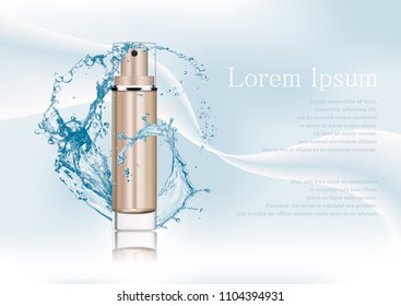 Vector illustration, empty bronze gold package for cosmetic products with pump, tube for lotion, tonic, cream. Realistic mockup of glass container with batcher. Abstract stylish gradient background.