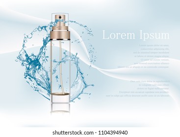 Vector illustration, empty bronze gold package for cosmetic products with pump, tube for lotion, tonic, cream. Realistic mockup of glass container with batcher. Abstract stylish gradient background.