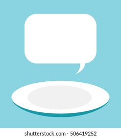 Vector illustration of the empty ceramic plate on the blue background.
Big copy space in the text box on the top of the image. 