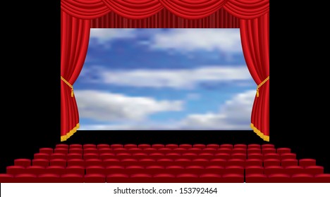 vector illustration of the empty cinema auditorium with sky on screen