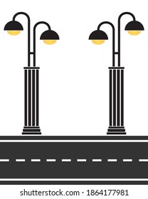 Vector illustration of an empty city road illuminated by lantern lamps.
