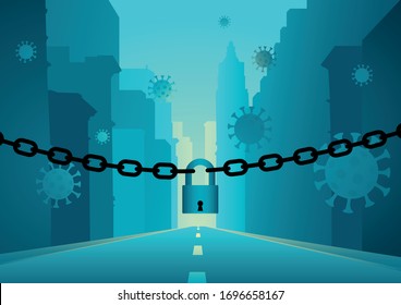 Vector Illustration Of Empty City Street In Lockdown Due To Covid-19 Virus Outbreak