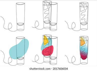 Vektorgrafik von leeren Gläsern und Cocktailbrillen. ein Satz Gläser mit einem Cocktail und leer, gezeichnet in einer Linie Technik.