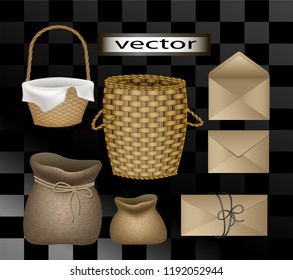 Vector illustration of empty container baskets, bags, envelopes, boxes to put inside the filling, all in vintage retro style