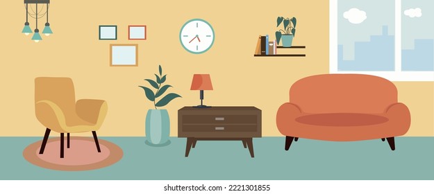 Vector Illustration of an empty cosy living room without people. Flat style