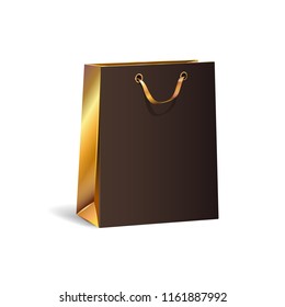 Vector Illustration Of Empty Gift Paper Shopping Bag With Gold Ribbon. Black And Gold Colors. Isolated On Transparent Background. Luxury, Festive Carton Package. Realistic Mock Up For Your Design