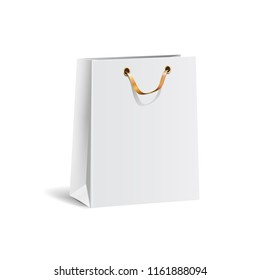 Vector Illustration Of Empty Gift White Paper Shopping Bag With Gold Ribbon For Advertising, Branding. Isolated On Transparent Background. Luxury, Festive Carton Package. Realistic Mock Up For Design