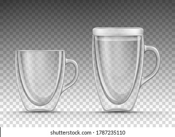 Vector illustration of empty glass cup with double walls for drinks in a realistic style isolated on a transparent background . Mug with handle and lid. Mock up, template of glassware for hot beverage