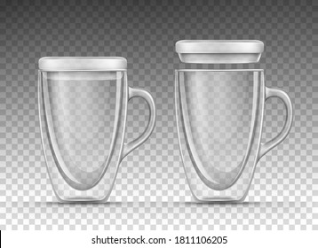 Vector illustration of empty glass cup with double walls for hot drinks in a realistic style isolated on a transparent background. Mug with handle and lid. Mock up, template of glassware for beverage.