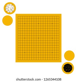 Vector illustration of empty goban and bowls with stones in flat style. Go board game equipment. Template for presentation baduk positions. Weiqi, igo poster. 