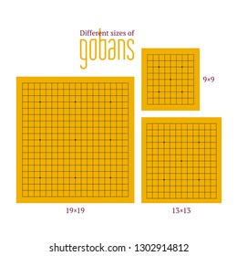 Vector illustration of empty gobans of different sizes in flat style. Go board game equipment. Template for presentation baduk positions. Weiqi, igo poster. 9 by 9, 13 by 13 and 19 by 19 boards.
