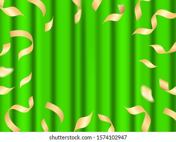 Vector illustration. Empty green closed curtains background with serpentine