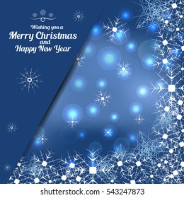 Vector illustration of empty greetings envelope for Merry Christmas and Happy New Year on the abstract blue background with snowfall, snowflakes, radiance and pocket for insert.