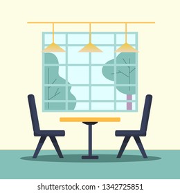 Vector illustration with the empty interior of a cafe, restaraunt. Place with big window, lamps, table and chairs. Cartoon flat style