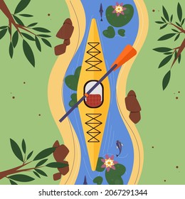 Vector illustration of empty kayak, top view of the river, coast, grass, fishes, water lily. Summer time activity concept