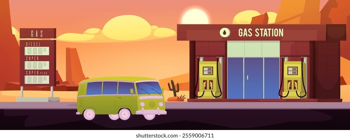Vector illustration of an empty landscape with a bus driving next to a gas station against a sky background with sun and clouds. Design with a fuel energy theme