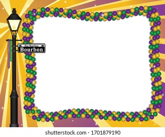 A Vector Illustration Of An Empty Mardi Gras Frame Featuring Purple, Yellow And Green Beads And A Bourbon Street Lamp Post In New Orleans