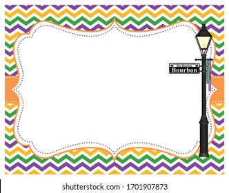 A vector illustration of an empty Mardi Gras frame with a Bourbon Street lamp post and purple, gold and green chevron pattern