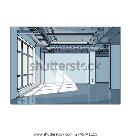 Vector illustration of an empty, minimalist interior space with large windows and exposed ceiling conduits. Ideal for architectural concepts, creative studios, or corporate environments.