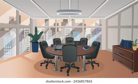 Ilustración vectorial de la sala de reuniones corporativa moderna vacía, vista interior. Sala de conferencias estilo caricatura con mesa redonda y sillas. Negocios, conceptos de comunicación.