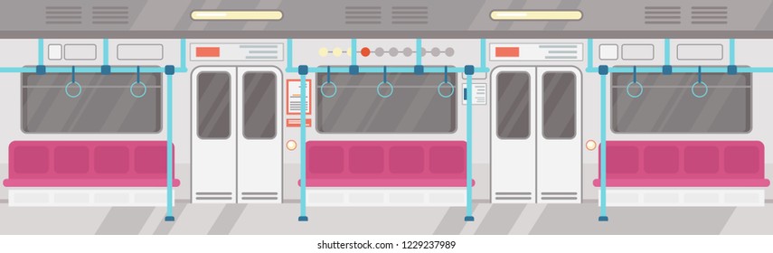 Vector illustration of empty of modern subway interior. City public transport concept, underground tram interior with colorful seats in flat cartoon style.