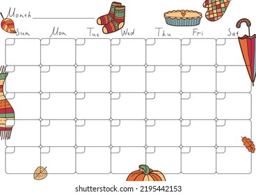 Vector illustration with empty month planning calendar with space for dates and notes. A4 print ready open date calendar design. Template bullet journal page, habit tracker, notebook, school schedule
