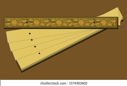 vector illustration of empty Northern Thai palm-leaf manuscripts with ancient golden flower art on wooden cover comparison like books on this time