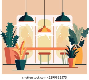 Vector illustration of empty office, cafe, coworking. Room with large desk, windows, chairs and flowers. place to work outside the home. Simple stylish modern office illustration without people