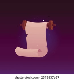 Vector illustration of an empty old scroll with magical glowing particles around it. Vintage medieval parchment with torn edges. Game interface. Isolated purple background. Space for text.