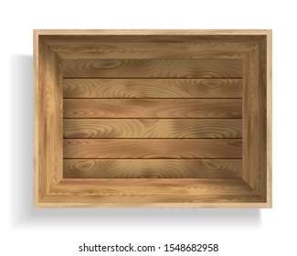 Vector illustration. Empty open wooden box isolated on white background. Top view.