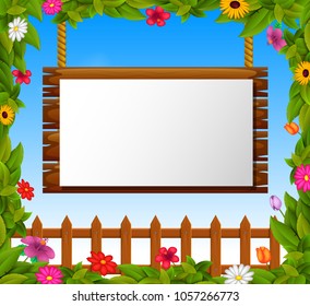 vector illustration of Empty paper blank on wooden signboard in the garden