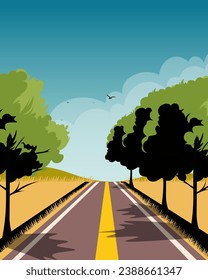 Vector illustration. Empty road, highway, direction. Forest, trees. Design for postcard, cover, banner.