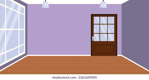 Vector illustration of an empty room. Cartoon interior of a bright room after renovation with a window, ceiling with chandeliers, doors, purple walls, parquet wooden floor.