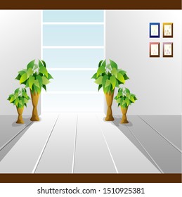 vector illustration empty room with four pots of green leaves