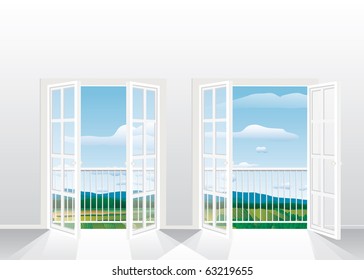 vector illustration of the empty room with two opened french windows, eps-10 file