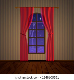 Vector illustration of empty room with wooden floor, window and wallpaper. Realistic natural looking classic interior. Basic scene design with beautiful soft light. Window with curtains, winter night