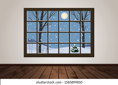 Vector illustration of empty room with wooden floor and park view window. Basic scene design with beautiful soft light. Winter evening, moonlight.