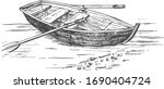 Vector illustration of an empty row boat on the lake water. Outdoor recreation object illustration in a vintage hand drawn style.