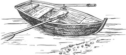 Vector Illustration Of An Empty Row Boat On The Lake Water. Outdoor Recreation Object Illustration In A Vintage Hand Drawn Style.