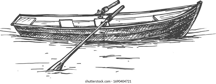 Vector illustration of an empty row boat on the lake water. Outdoor recreation object illustration in a vintage hand drawn style.