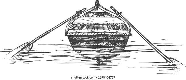 Vector illustration of an empty row boat on the lake water. Back view. Outdoor recreation object illustration in a vintage hand drawn style. svg