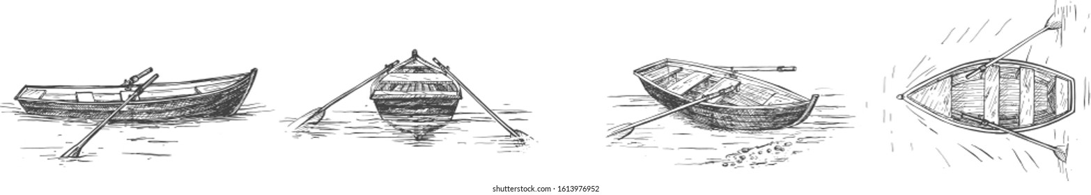 Vector illustration of empty rowboat with paddles on lake set. Objects from different angle. Front, back, three quarters, top view boat. Vintage hand drawn style.