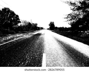 Vector illustration of a empty rural asphalt road with tree silhouettes in black and white grunge style.