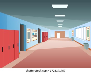 Vector illustration of an empty school building, a corridor without people with large windows. Cartoon style. The room in which they study.