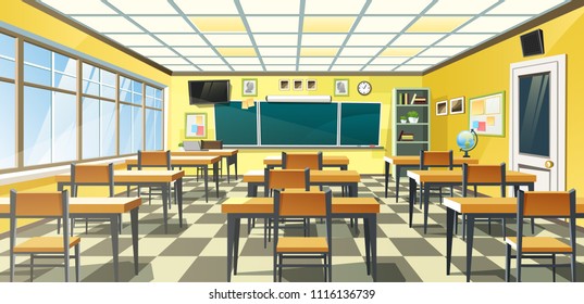 Vector illustration of an empty school classroom interior with a chalkboard on the yellow wall and desks on checkered floor